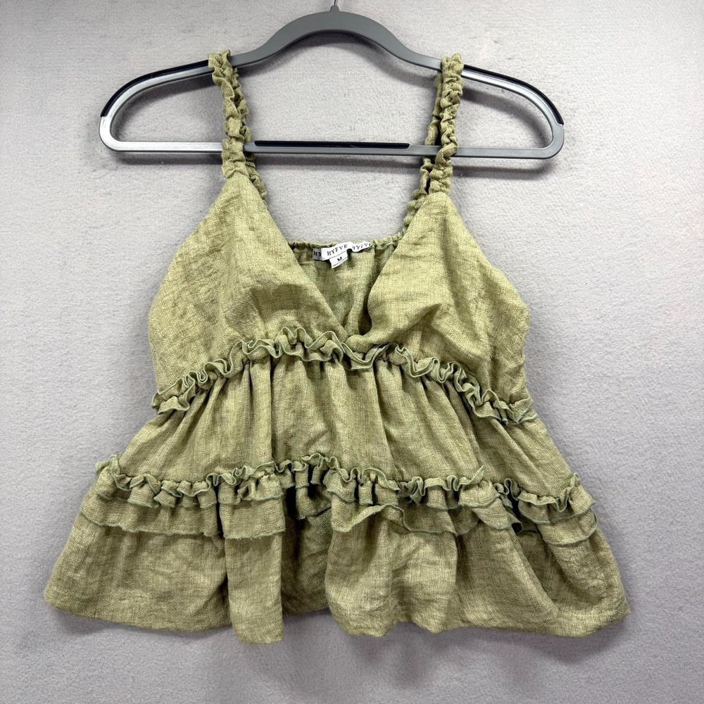 Hyfve Camisole Tank Top Womens Medium Greenβ Crop Ruffle Sleeveless Deep V-Neck